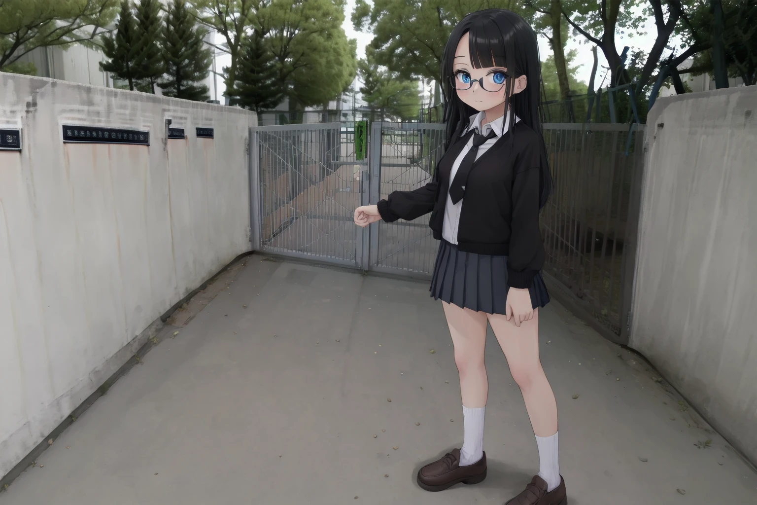 masterpiece, best quality, ultra-detailed, illustration,masterpiece, best quality, very aesthetic, absurdres,
1girl, solo, glasses, black hair, long hair, blue eyes, collared shirt, red necktie, pleated skirt, blue skirt, looking at viewer, blush, 
school gate, scenery, tree, outdoors, fence, day, grass, building, real world location
 <lora:schoolgate_SD15_V1:1>