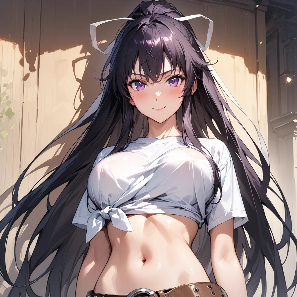 (masterpiece),(best quality),(ultra-detailed),(best illustration),(best shadow),(absurdres),(detailed background),(very aesthetic), kanzaki_kaori, 1girl, solo, black hair, purple eyes, long hair, large breasts, navel, midriff, very long hair, side tied shirt, white t shirt , belt, ribbon, smile, upper body, portrait, close up, <lora:Kanzaki_Kaori:1>