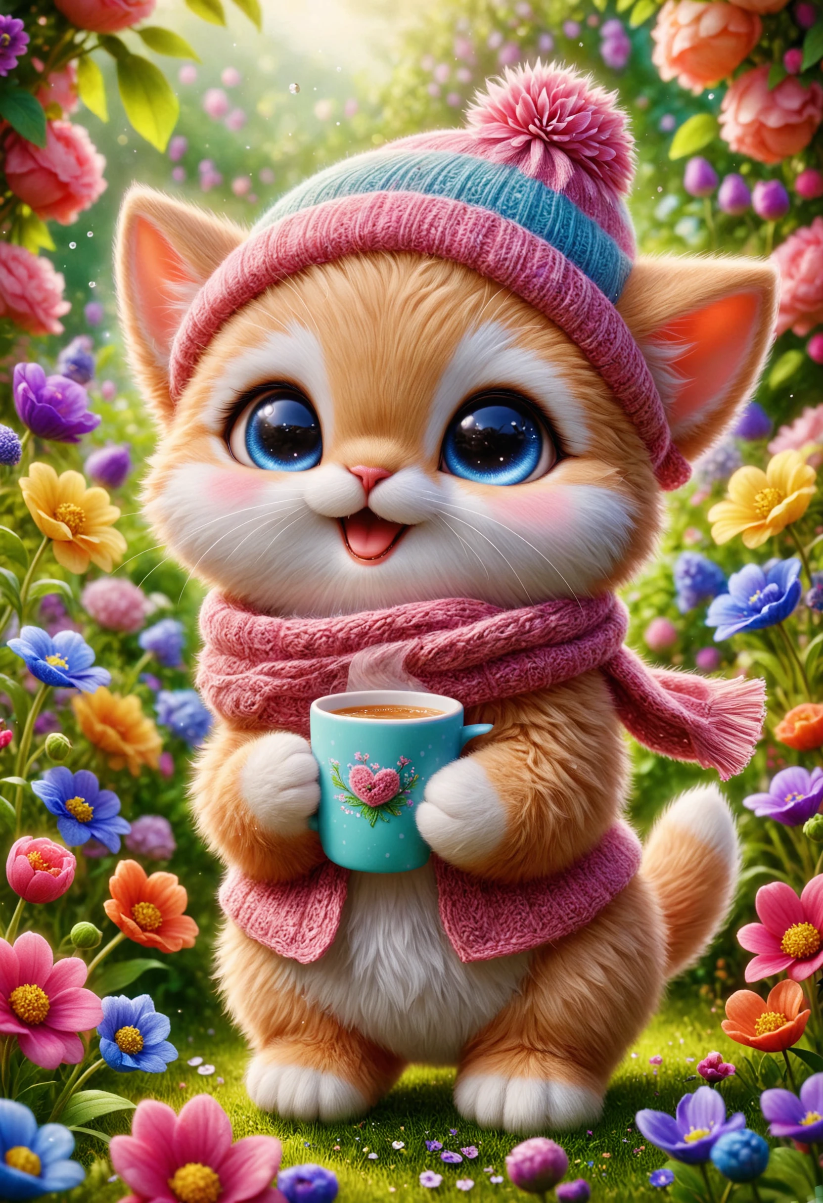 Kitten with a cup, wearing a knitted hat and scarf, hyper realistic soft toy on a flower garden background, very cute, happy and beautiful, cute detailed illustration expressing joy, fully dressed, tiny, cute scene, stunning, tiny detail, fluffy, beautiful art, 3d render, cinematic, 
<lora:PinkieChbPtsSDXL:0.8>, p1nkch1b1p3ts, chibi animal,