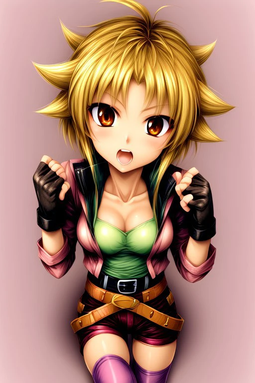 masterpiece_portrait, high quality, canvas, beyblade shogun steel, ren kurenai, 1girl, solo, blonde hair, thighhighs, brown eyes, gloves, fingerless gloves, belt, breasts, cleavage, shorts, open mouth