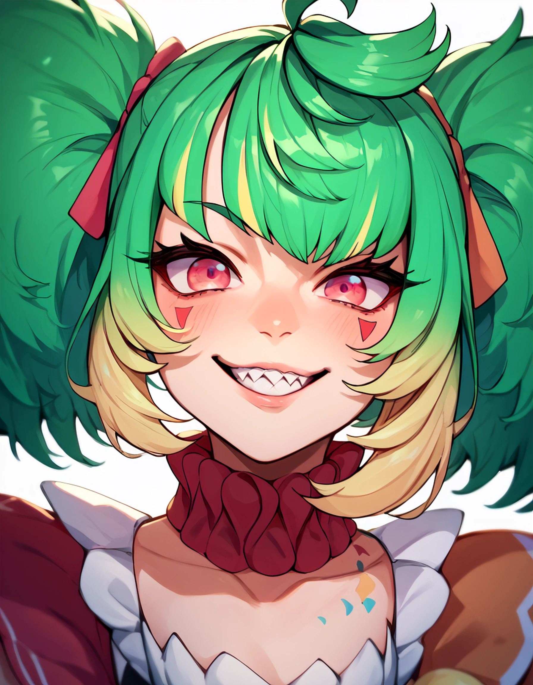 score_9, score_8_up, score_7_up, score_6_up, score_5_up, score_4_up, Coni Confetti, green hair, blonde hair, two-tone hair, lips, smile, (sharp teeth:0.75), pink eyes, red eyes, twintails