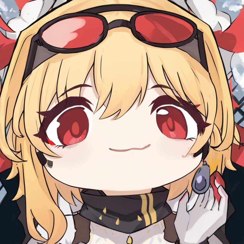 close_up, score_9, source_anime, 1girl, ba_chibi ,<lora:Blue Archive Chibi Meme Pony:1> <lora:Kaela_Hololive_ID_Pony_r1:1> KaelaPony, red eyes, eyewear on head, blonde hair, gloves, white dress,