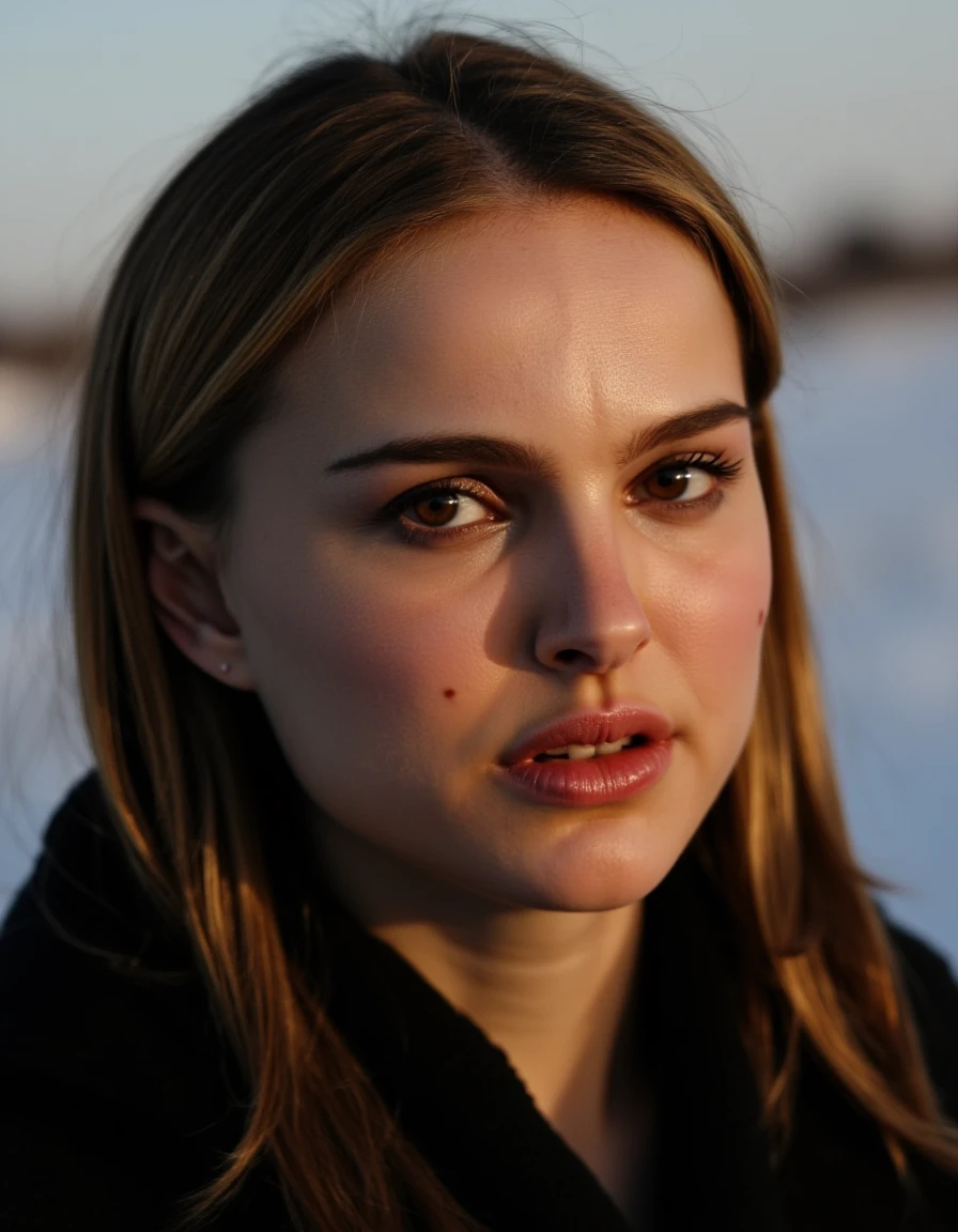 MInstagram photo of a woman with freckles on her face in the winter outdoors with silhouette illumination of her hair by evening sunlight. Taken with a ProPhoto iPhone camera. Her mouth is closed and she is looking at the viewer with a serious expression. <lora:Natalie_Portman_2004_FLUX_epoch_16:1.1>