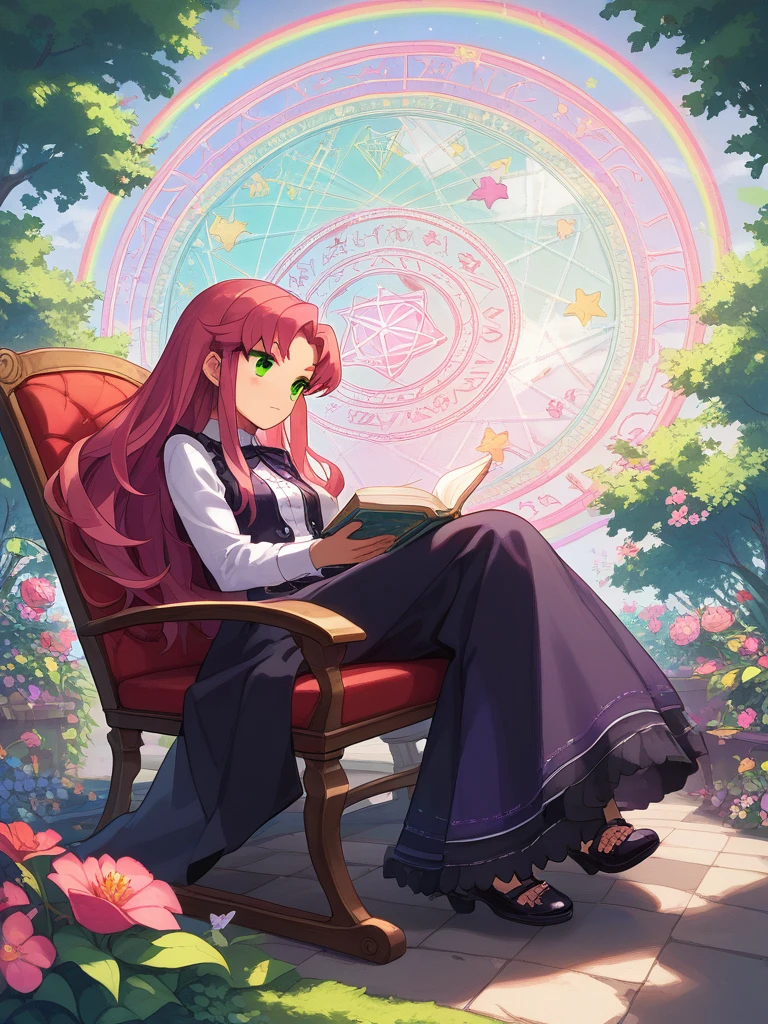 score_9, score_8_up, score_8,
Solo, 2.5d, highly detailed, intricate, beautiful aesthetic, anime artwork,
vibrant, extreme contrast, raytracing, dark colors, edgy, gothic,
magic circle, magic array,
starfire, teantitans, reddish pink hair, long hair, purple long dress with golden details, rocking chair, reading a book, flower garden, falling flowers,
expressive,