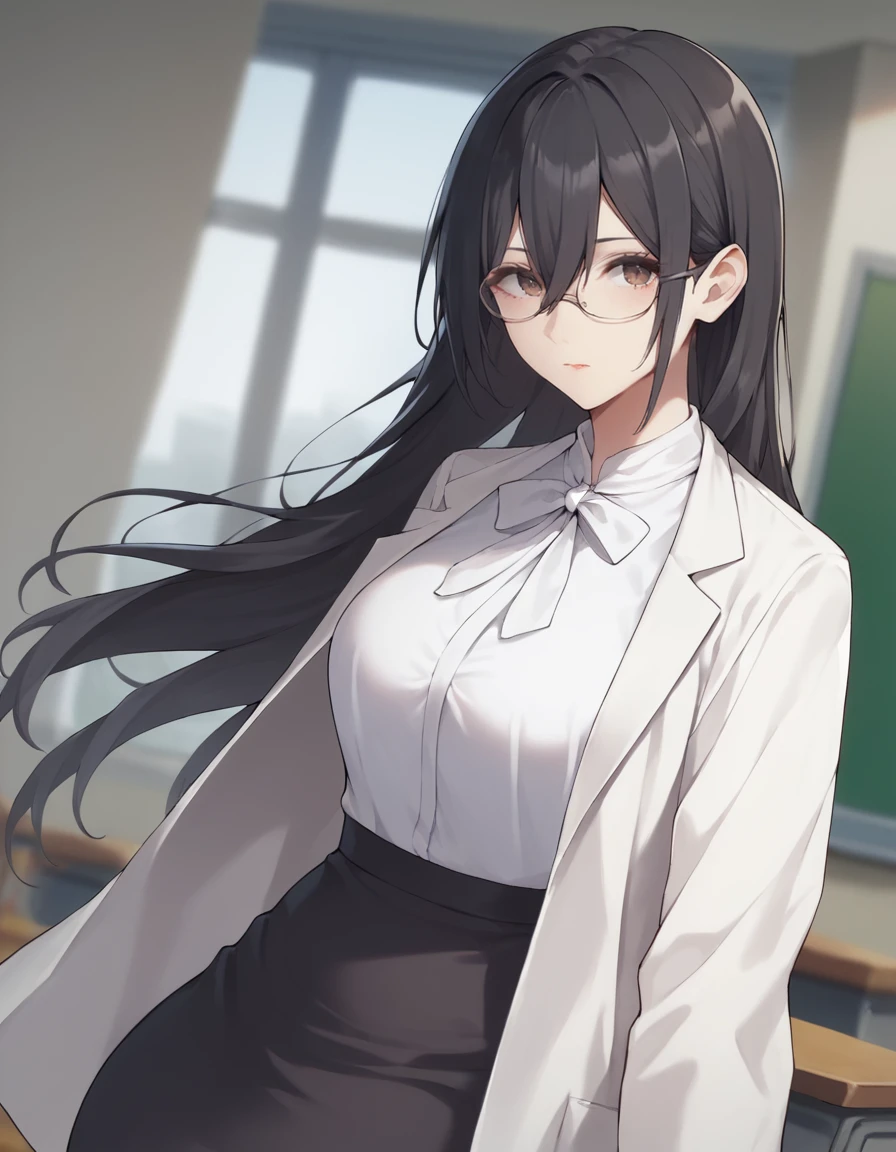 score_9, score_8_up, score_7_up, source_anime,
1girl, solo, looking at viewer, blurry background, indoors, classroom,
<lora:mayuri_hanyu_anime-soralz:1>,
mayuri hanyu, long hair, black hair, hair between eyes, brown eyes, glasses,
white coat, white bow, white shirt, black pencil skirt,