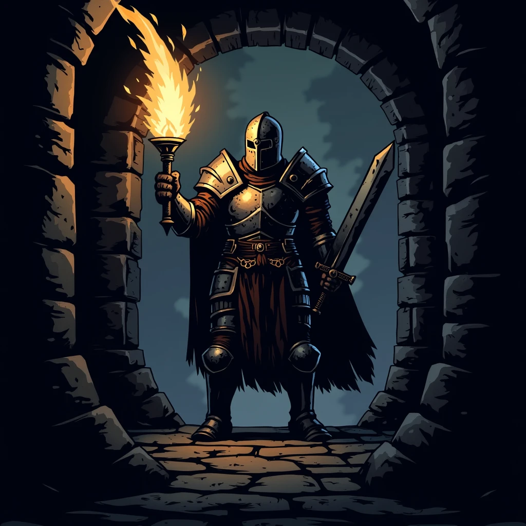 darkest dungeon style, stylized flat illustration, paladin in heavy armor holding torch in one hand and sword in other and going deep down in the dungeon, dark atmosphere <lora:SXZ_Darkest_Dungeon_Flux:1>