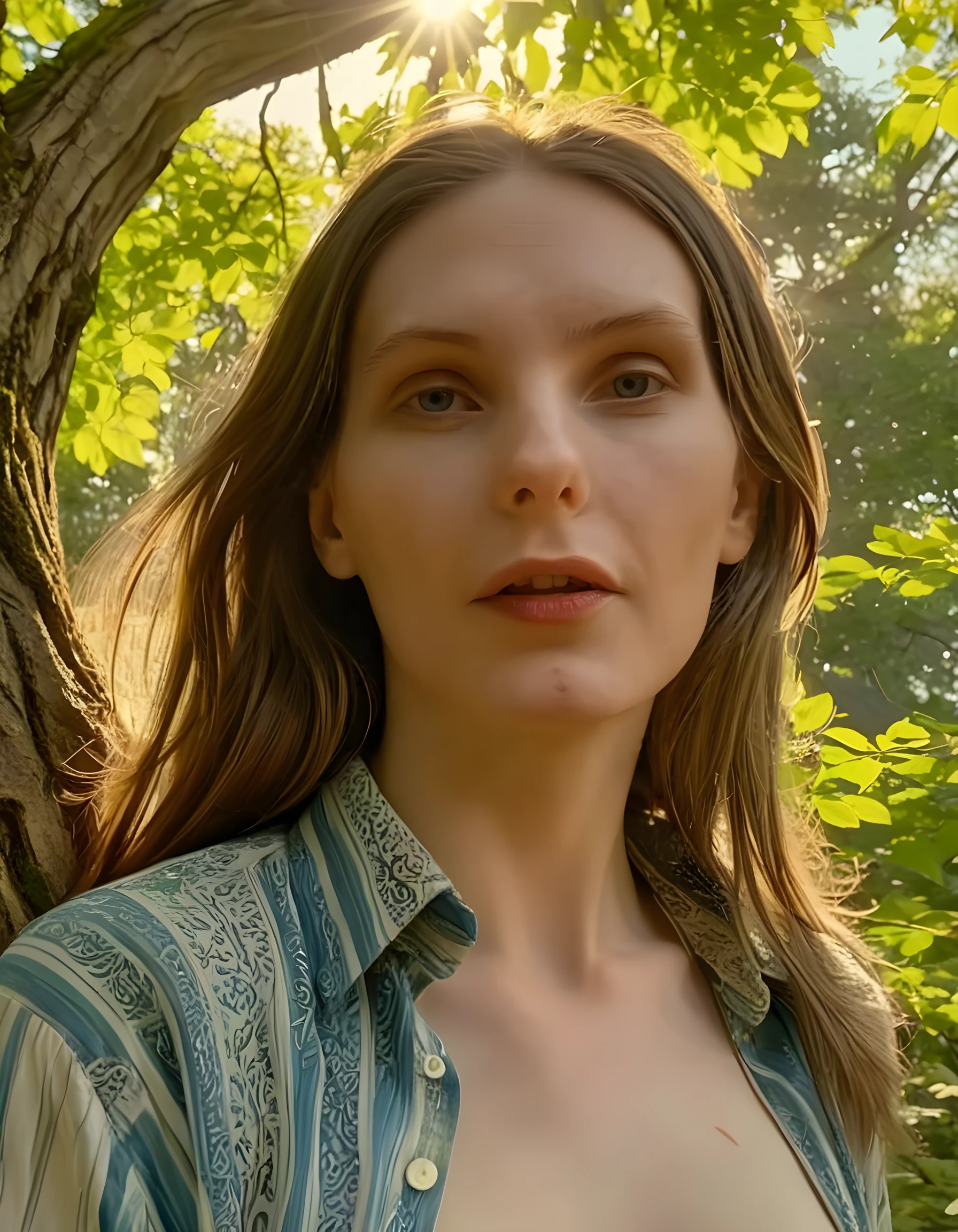 In a vibrant, dream-like scene, the ethereal figure of N4T45H4, with her cascading brown hair framing a striking face, is captured in an intimate close-up as she stands beneath a towering, ancient tree. The sun's warm rays filter through the leaves, casting dappled patterns on her blue shirt and accentuating the intricate design of her unique n4t45h4 attire. Her lips are parted slightly, as if to speak, creating an air of mystery that draws the viewer in. The camera is angled low from the ground, capturing her upper body in profile, with the tree trunk framing one side of her face and the verdant foliage providing a lush backdrop. The image exudes a sense of enchantment and self-assured femininity, inviting the viewer to lose themselves in this magical moment.