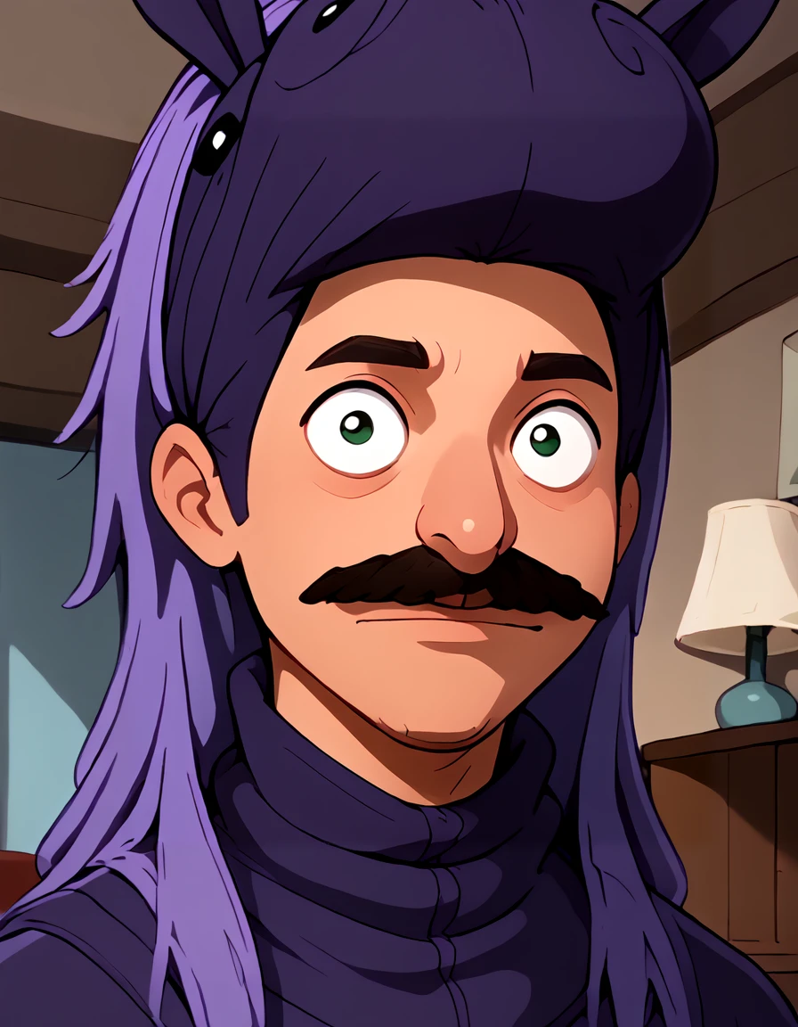 <lora:bobcephala_-_Bobs_Burgers:0.9> 1boy, purple horse costume, facial hair, mustache, portrait,  indoors,, source_cartoon, score_9, score_8_up, score_7_up,