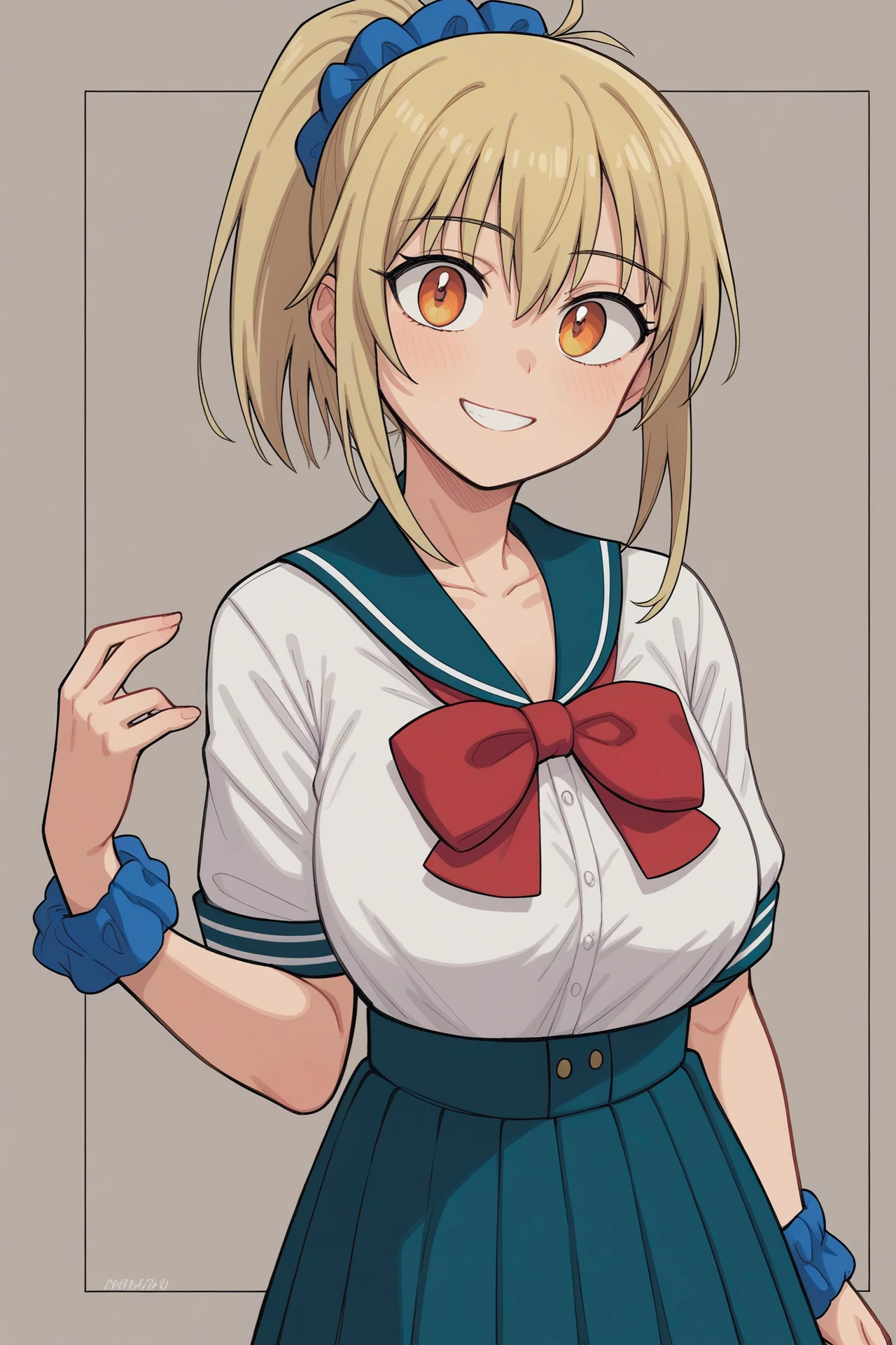 score_9, score_8_up, score_7_up,score_6_up,inzaniak,<lora:corn_pony:0.6>,sagging_breasts
,scrunchie,clothes_around_waist,orange_eyes,upper_body,blonde_hair,miyashita_ai,smile,looking_at_viewer,1girl,ponytail,ribbon,nijigasaki_school_uniform,blue_skirt,wrist_scrunchie