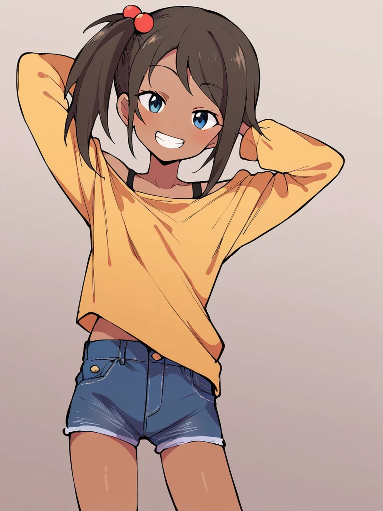 score_9, score_8_up, score_7_up, 
1girl, natsuki mc, side ponytail, dark-skinned female, blue eyes, brown hair, small breasts, hair bobbles,

standing, arms behind head, yellow shirt, off-shoulder shirt, long sleeves, denim shorts, 

looking at viewer, smile, grin, narrowed eyes,

