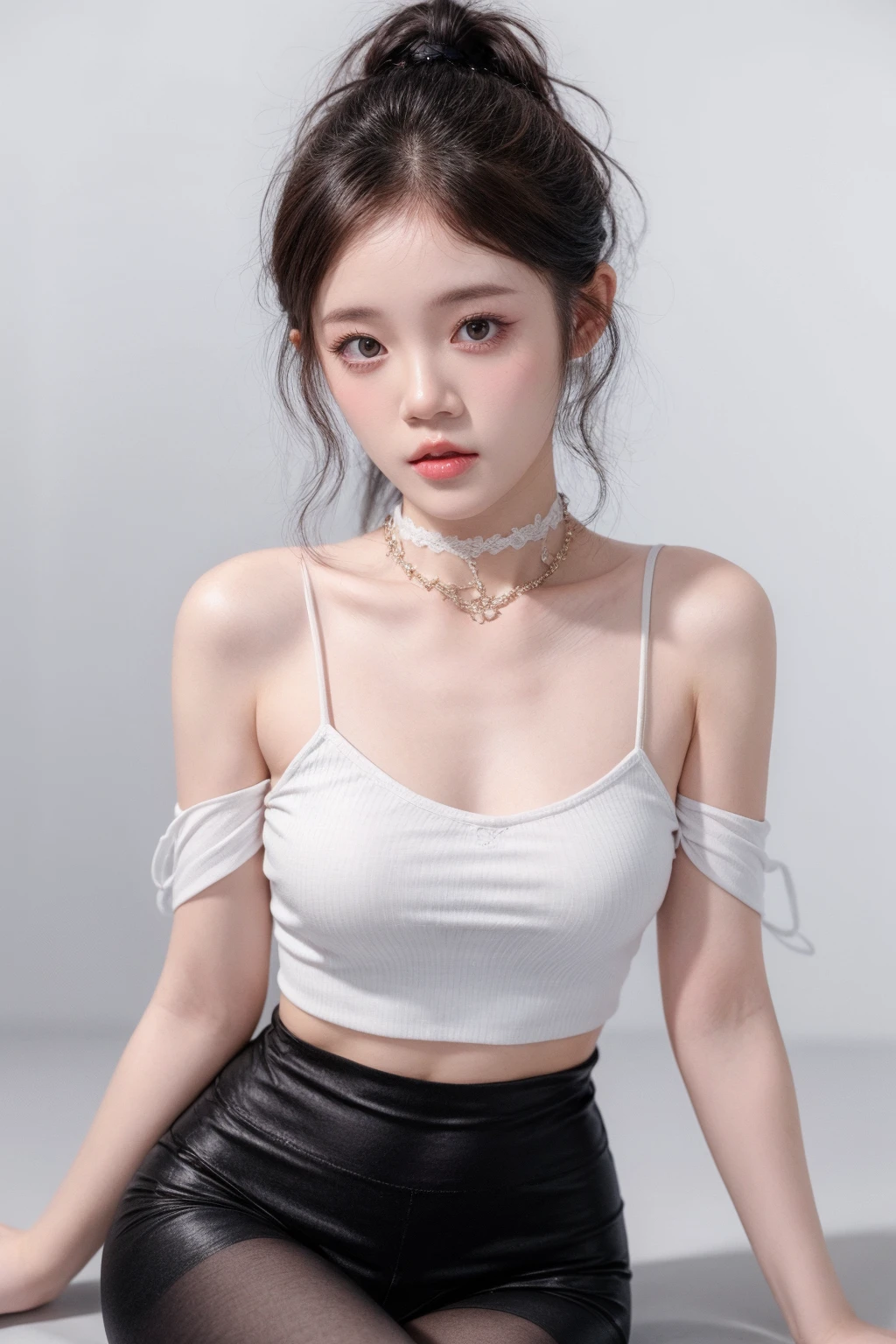 1girl, high1girl, high quality,  looking at viewer,  tight,,  camisole, off shoulder, , cowboy shot, thigh gap, sitting, knees up, , choker, , simple background, yoga pants, facing viewer, 
<lora:add_detail:1>   <lora:ip-adapter:0.65>     <lora:zhongyuxin_v1:0.43>