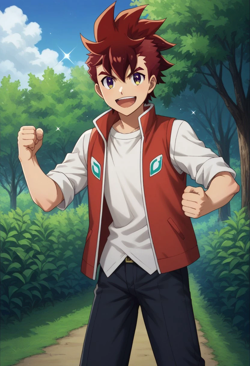 score_9, score_8_up, score_7_up, source_anime, highly detailed, 
rekka, 1boy, male focus, solo, red hair, purple eyes, yellow eyes, looking at viewer, pants, shirt, standing, white shirt,  vest, jacket, spiked hair, clenched fist, open mouth, sparkle, smile, raised hands,
outdoor, sky, tree