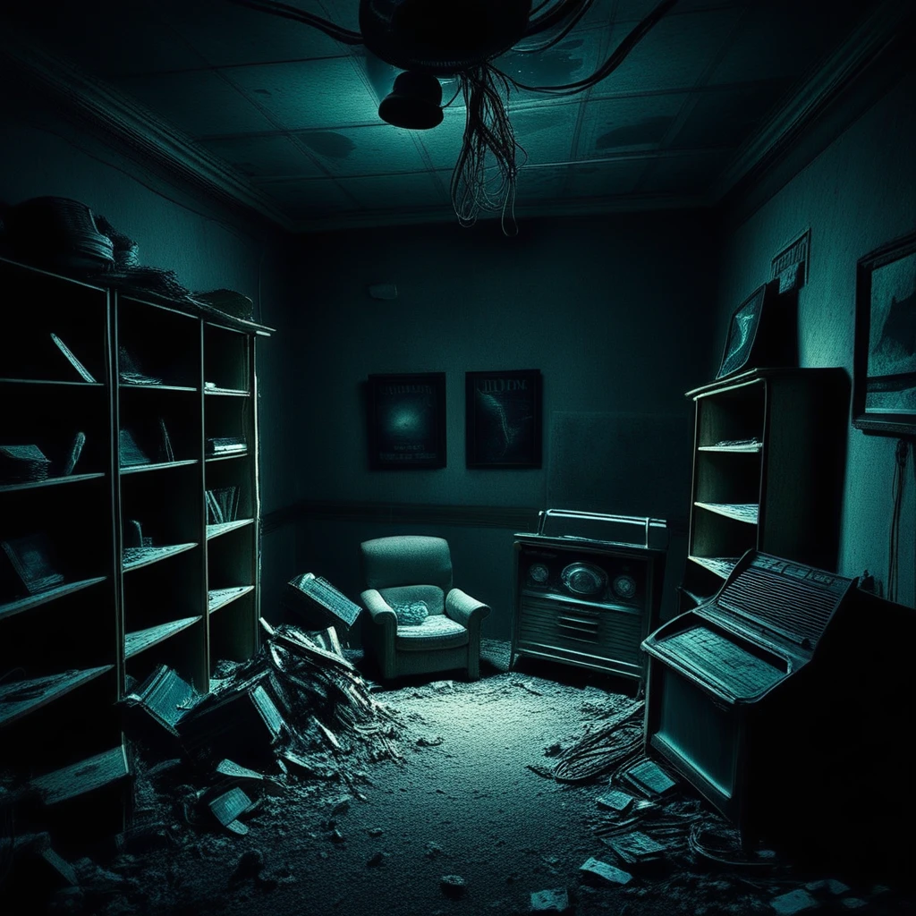 light rays, rubble, night sky, paranormal, glowing eyes, lamp, television, unsettling, trash can, sky, ladder, abandoned, malevolent, 1boy, light, death, sink, axe, signature, stairs, wooden chair, cable, spider web, window, library