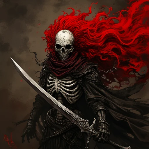 AssassinKahb style a demonic looking skeleton holding a sword with red hair