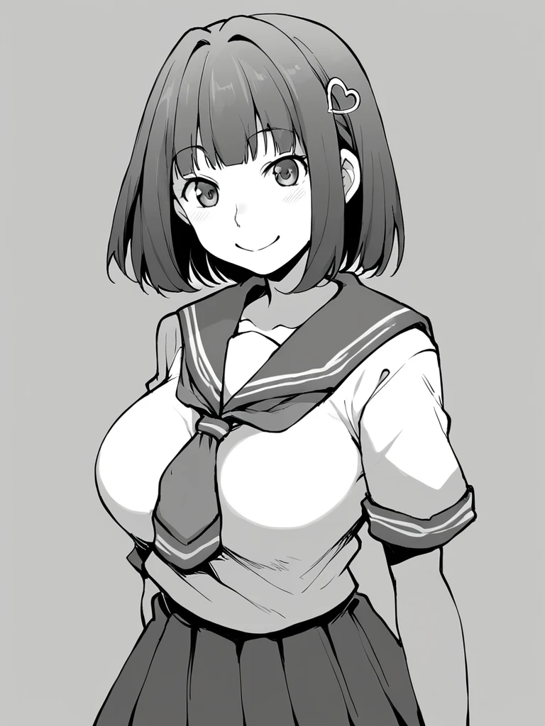 score_9, score_8_up, score_7_up, 
1girl, monochrome, hinataji mc, medium hair, heart hair ornament, 

smile, large breasts, standing, school uniform, serafuku, short sleeves, smile, looking at viewer,

