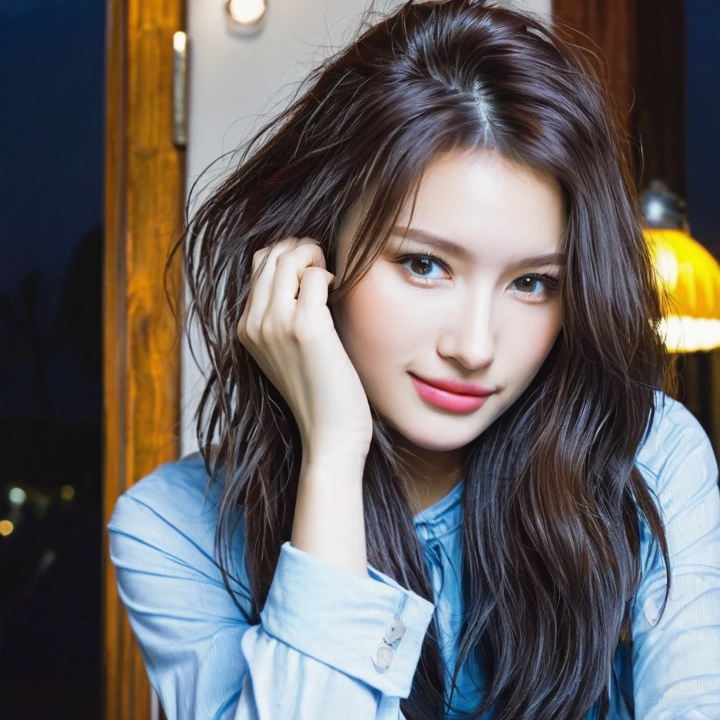 ultra realistic 8k image of a 22 year old woman, with wavy hair, chubby, dressed in a black blouse and jeans, looking excitedly at her cell phone sitting on the sofa