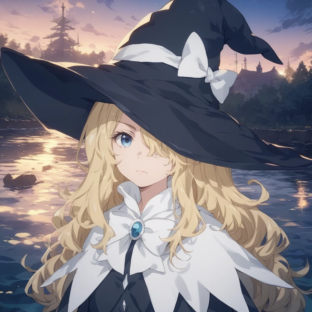 score_9, score_8_up, score_7_up, score_6_up, marie-spearhead, toaru, 1girl, hat, blonde hair, solo, witch hat, blue eyes, long hair, hat bow, bow, looking at viewer, hair over one eye, capelet, closed mouth, anime coloring, white bow, upper body, sky, water, night