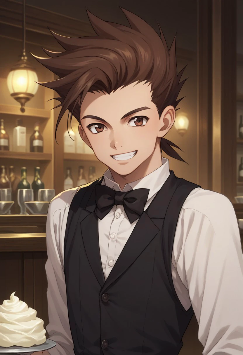 score_9, score_8_up, score_7_up, source_anime, highly detailed, 
lloyd, 
1boy, male focus, solo, bowtie, bow, smile, brown hair, waiter, grin, brown eyes, spiked hair, upper body,