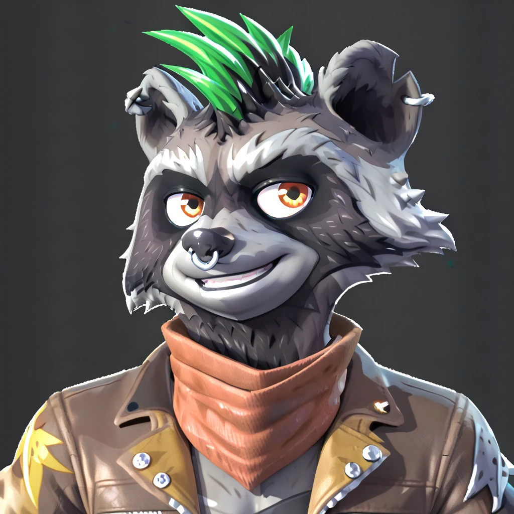 furry, solo anthro, male, smile, bust portrait, Rufus,  raccoon,  black and grey fur, nose piercing, punk alt, green hair, orange eyes, brown neck bandana, light brown jacket,