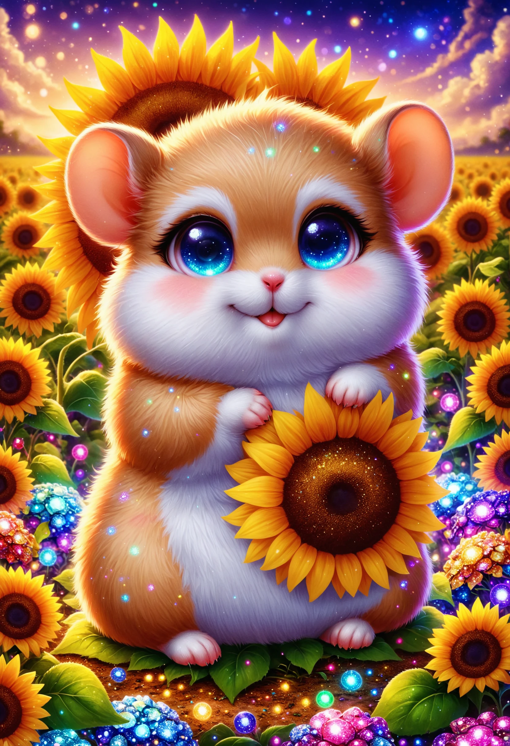 Prepare to be amazed by a cute hamster that defies all expectations, its fur a canvas of brilliant hues that seem to glow, high quality, awesome full color, detailed picture, sparkle, on a sunflower field, glitter hamster, <lora:PinkieChbPtsSDXL:0.8>, p1nkch1b1p3ts, chibi animal,