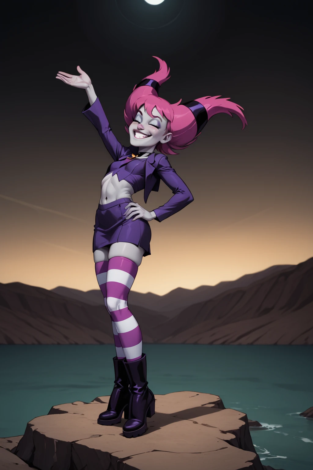 <lora:Jinx_PDXL_spamb0t:0.8>,DC_Comics_Jinx BREAK grey skin, small breasts BREAK magenta hair BREAK mini dress BREAK purple striped leggings 
BREAK flirty,playful,sultry,seductive,sexually suggestive,standing with one hand on hip, other arm extended sideways BREAK rear angle view, medium closeup BREAK flirtatious smile with eyes closed, head slightly back BREAK high quality,film grain,cinematic lighting,volumetric lighting,modeling shoot BREAK hyper detail,insanely detailed,best quality,masterpiece,photorealistic