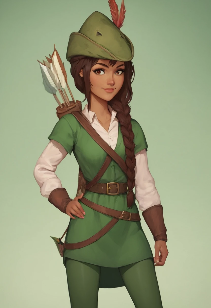 score_9, score_8_up, score_7_up, 1girl, solo, carol_of_the_arrow, brown hair, brown eyes, dark skin, braid, long hair, belt, hat, green tunic, green tights, posing, light smile, simple background