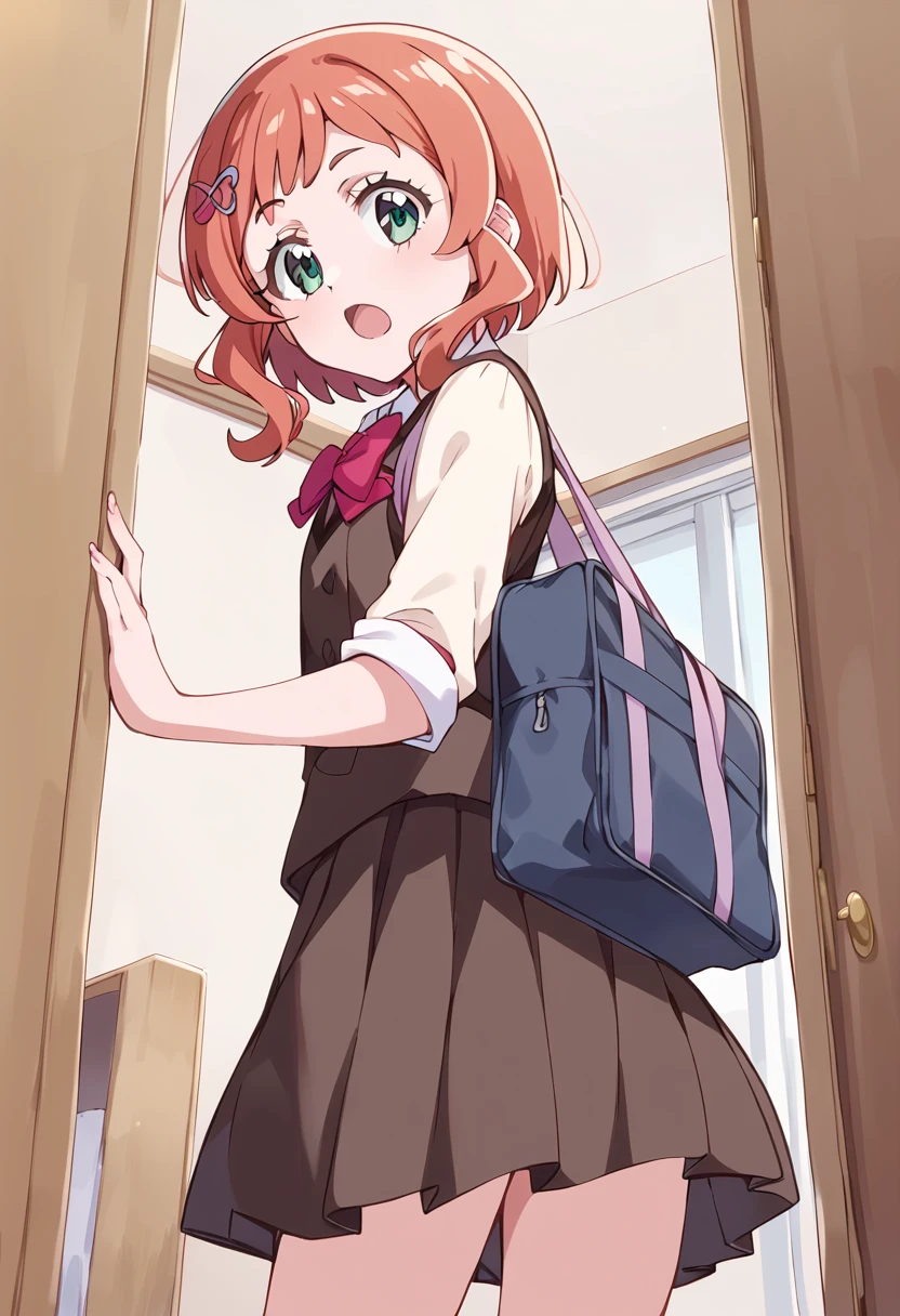 score_9, score_8_up, score_7_up, source_anime, BREAK
inukai iroha, wan-nyan-chu school uniform, 1girl, open mouth, school uniform, hairclip, orange hair, door, short hair, school bag, green eyes, pleated skirt, aqua eyes, solo, pink hair, heart hair ornament, :o, cowboy shot, looking at viewer, bangs, short sleeves, looking back, indoors, standing, medium hair, red hair, leaning forward, shoulder bag, from side, miniskirt, black skirt, eyelashes, running, white shirt, brown hair, bag charm, hairpin, long sleeves, surprised, pink bow, shiny hair, blue bag, from behind, brown skirt, striped background, looking down, pleated dress, blonde hair, brown vest, black vest, pink neckwear, ribbon, puffy sleeves, looking to the side, blush, from below, red bow, red neckwear, anime coloring, sleeves rolled up, pink bowtie, red bowtie, brown dress,
<lora:cure_friendy_inukai_iroha_sdxl_locon_pony_v1:0.7>