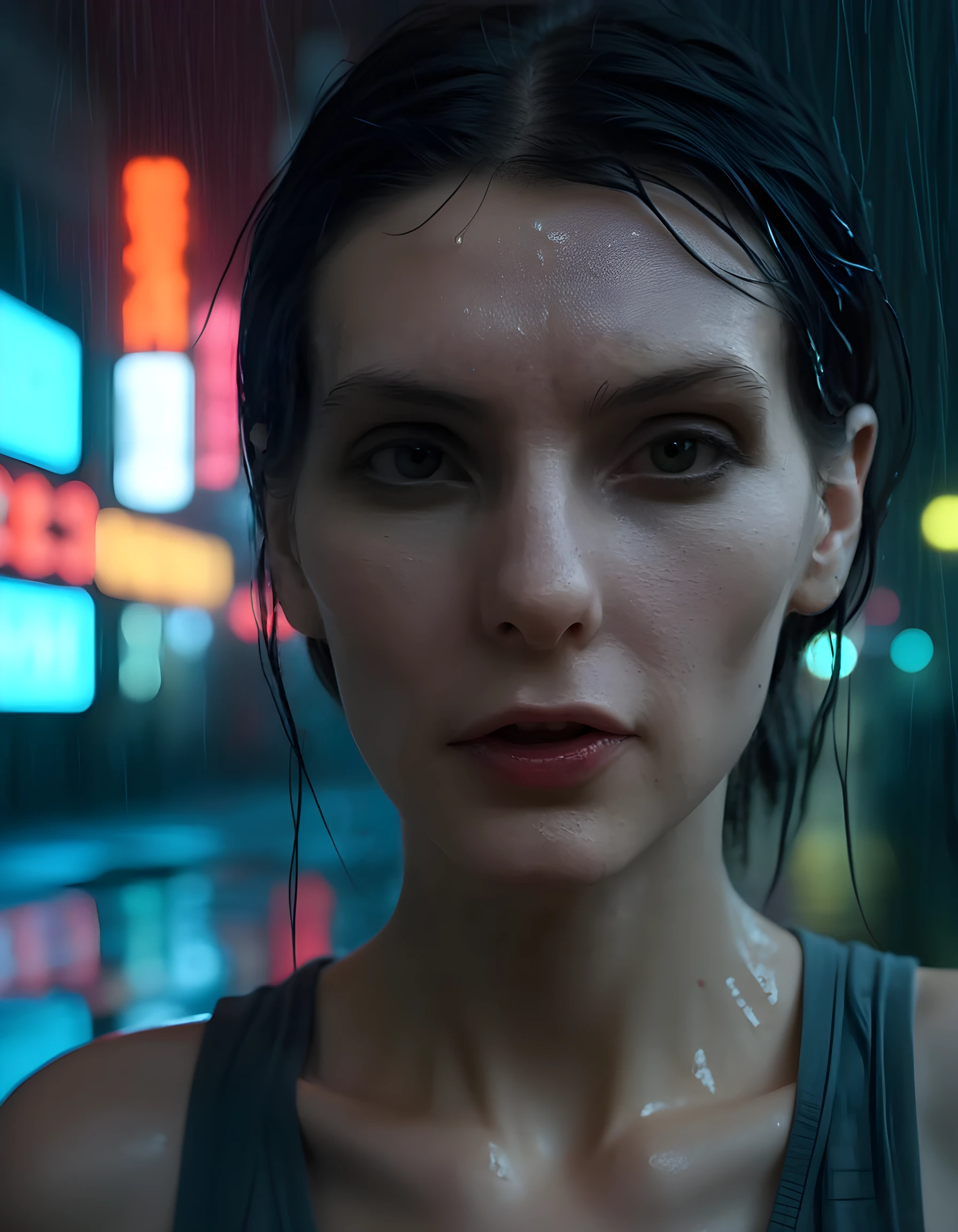 In a gritty, neo-noir setting reminiscent of Blade Runner, the image captures a close-up portrait of N4T45H4, a woman with black hair that cascades down her shoulders and brown highlights framing her face. Her eyes are hidden behind reflective sunglasses, but her parted lips, painted a vibrant shade of n4t45h4, suggest a hint of mystery and allure. The background is a blur of neon lights from towering, rain-soaked skyscrapers, casting an eerie, blueish glow on her upper body, which is adorned in a form-fitting, sleeveless shirt that reveals the intricate tattoos running down her arms. The camera angle is low and slightly off-center, creating an intimate and intriguing vibe as she gazes out into the distance, lost in thought or contemplation. The lighting is dim, with a single spotlight illuminating her face and highlighting the contours of her features, adding to the enigmatic atmosphere.