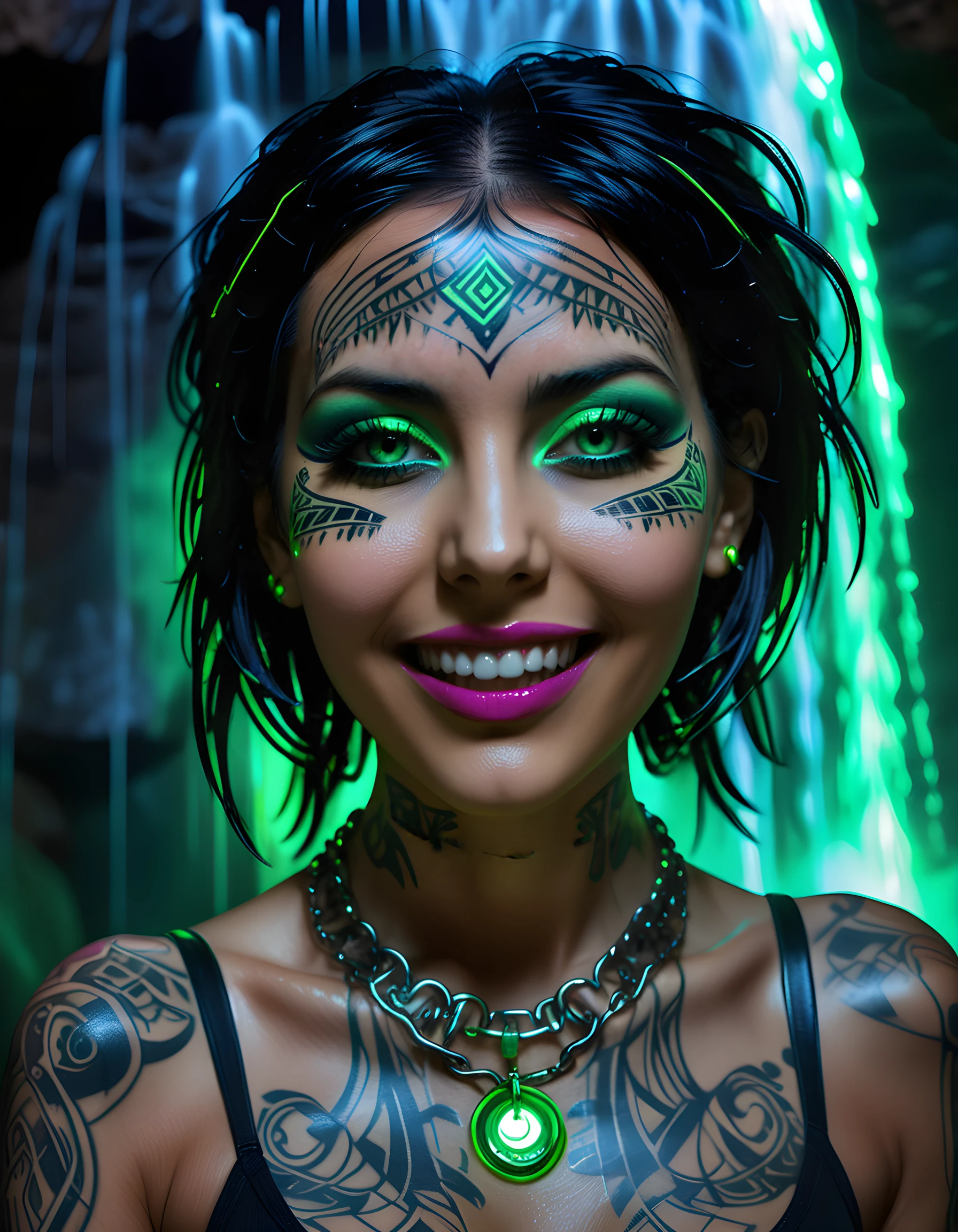 In a grungy, neon-lit underground dance club, the woman known as N4DJ4L1Z4 is captured in a close-up shot from below. Her striking black hair cascades down around her like a dark waterfall, framing her piercing eyes and the intricate tribal tattoos adorning her face. With her lips parted in a seductive smile, she clutches onto the decks with intense focus, her fingers glowing neon green under the pulsating lights as they skillfully mix the next track, casting an otherworldly glow upon her features, creating a powerful and enigmatic image that perfectly encapsulates the electrifying energy of the dance floor.