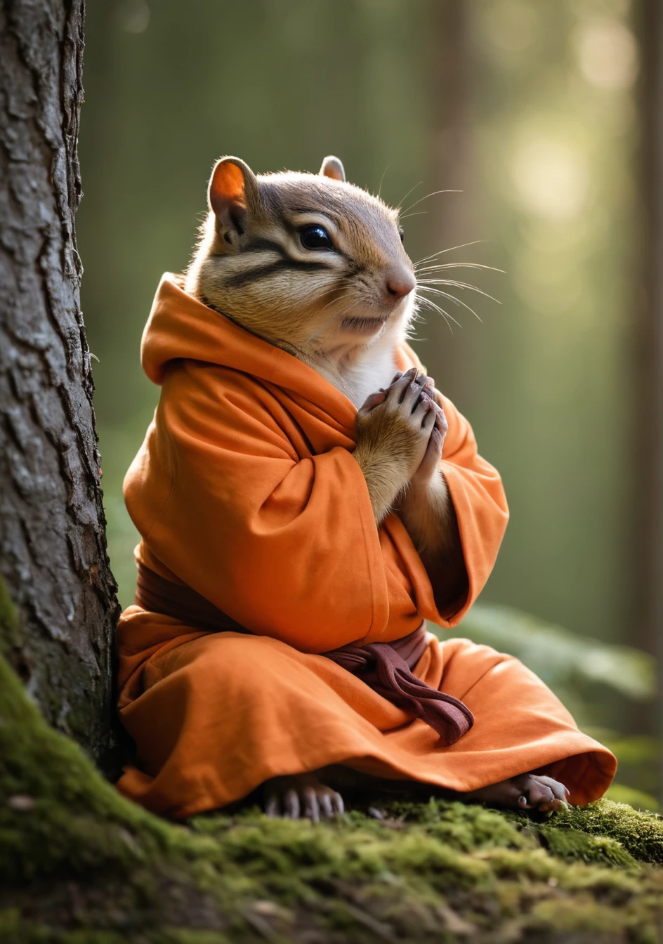 A serene portrait photograph of a chipmunk (monk in orange robe:1.2), embodying tranquility and wisdom amidst nature, reminiscent of the peaceful compositions by photographer Konsta Punkka. Serene gaze, folded paws, humble robes, tranquil demeanor, serene expression, peaceful woodland setting, dappled sunlight, natural textures, gentle demeanor, contemplative atmosphere, spiritual presence, harmonious balance, minimalist composition, quiet introspection, connection with nature, timeless simplicity.