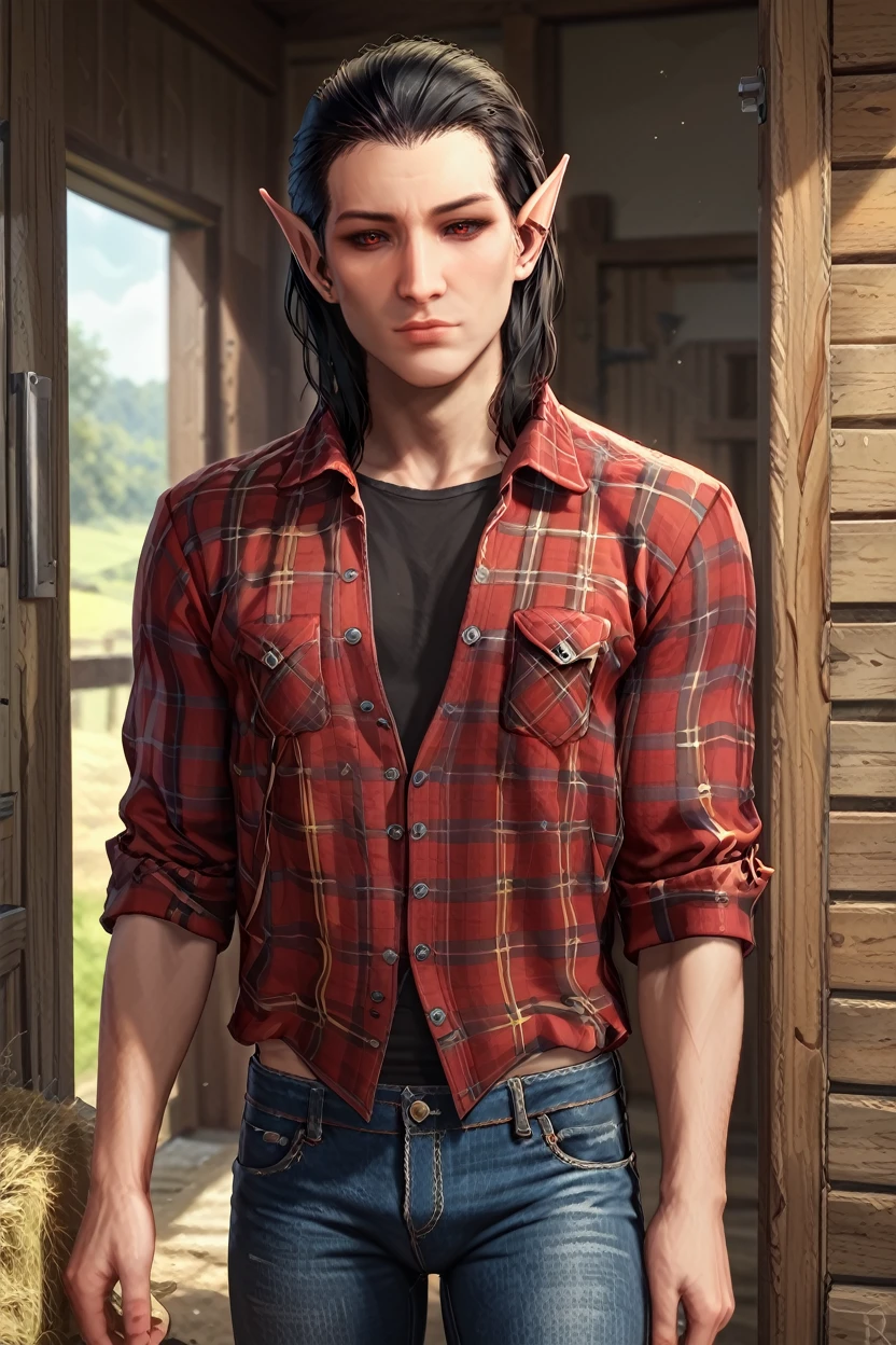 score_9, score_8_up, score_7_up, score_6_up
<lora:BGCazador:1.0>
BGCazador, 1boy, black hair, red eyes, pointy ears, looking at viewer, leaning against a rustic barn door, wearing a flannel shirt and jeans, golden fields in the background, late afternoon light, warm and inviting mood