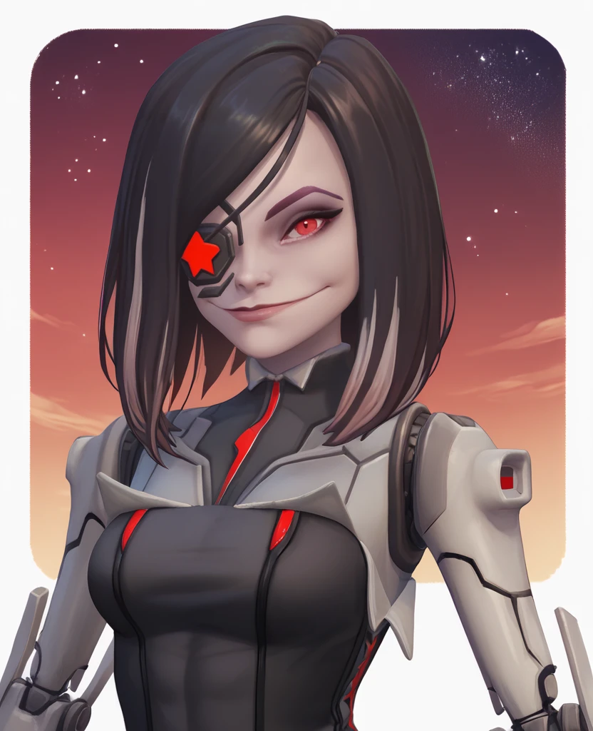 score_9, score_8_up, score_7_up, score_6_up, beatrixxl, red eyes,  black hair,  streaked hair, eyepatch, mechanical arms, 
black dress, cleavage,  smile,  
 solo, upper body, standing, smile,  looking at viewer,    
future background, stars,  red sky, 
  looking at viewer, night,  <lora:BeatrixXL:0.9>