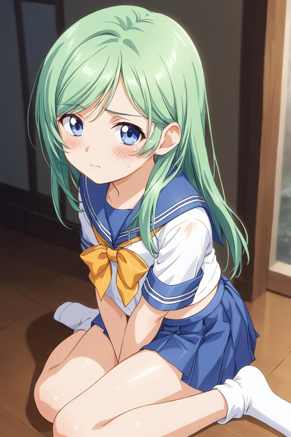 (((megami magazine))),(masterpiece)), ((top-quality)), (The ultra-detailliert), ((kawaii)), cute little, (Detailed body line depiction), ((detailed face depiction)),((ighly detailed)), 4K、 (8K), top-quality, (Beautiful fece),(((World-class quality))), ighly detailed, hight resolution,(((独奏))),((((blue green hair)))).((((shinny hair)))),(((White and beautiful skin))),(((Detailed udder))), (((Beautiful blue-green eyes))),(((Short bob hair)))),(((Ahoge))),Small udder、(((Pale beige front opening short sleeve sailor suit)))、((Pull up a dark blue skirt)),(((Yellow floral lace panties)))、(((Show panties)))、(((Bold poses)))、(((gently smiling)))、(((Angle seen from below)))、acrobatic pose、((Hair flutters in the wind))、(((Inside the gymnasium))),(((Straddling the platform、looking-down))),(((full of sweat)))、