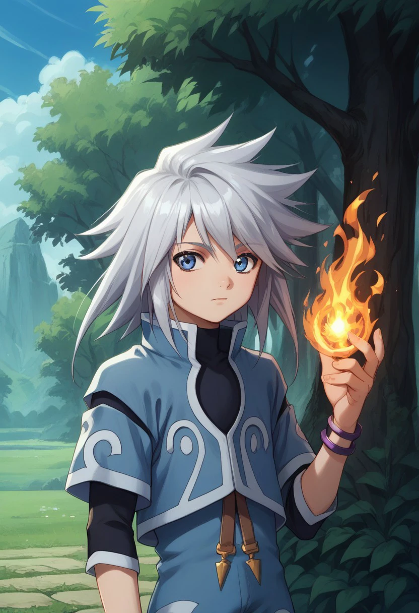 score_9, score_8_up, score_7_up, source_anime, highly detailed, 
genis, solo, male focus, 1boy, long hair, shirt, shorts, jacket, black shirt, blue jacket, standing, looking at viewer, bracelet, jewelry, silver hair, upper body, blue eyes, slender, skinny,  spell, fire spell,
outdoor, sky, tree,