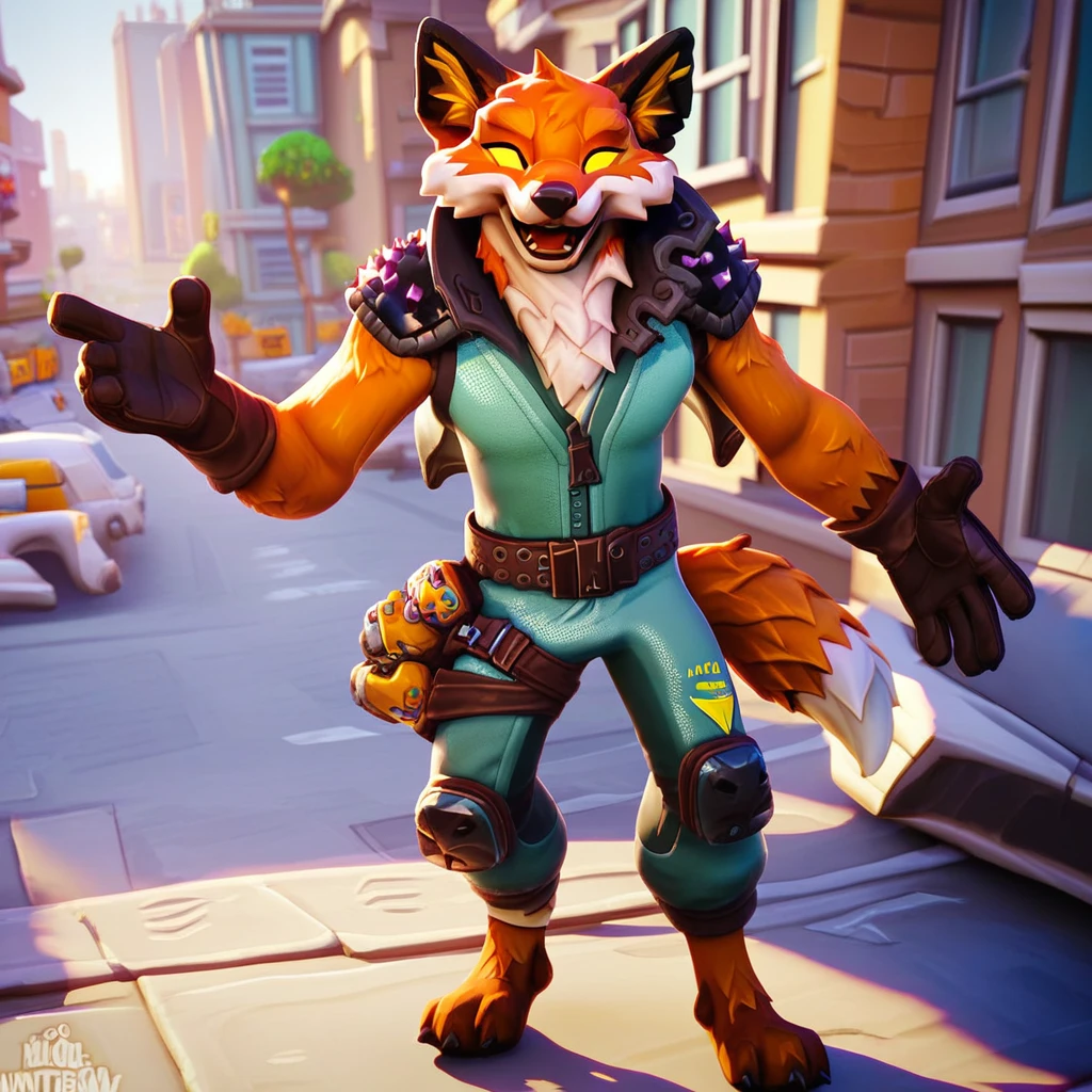 score_9, score_8_up, score_7_up, best quality, hires, male, fennix, fortnite, furry, solo, city, amazing background, full body, happy, open mouth