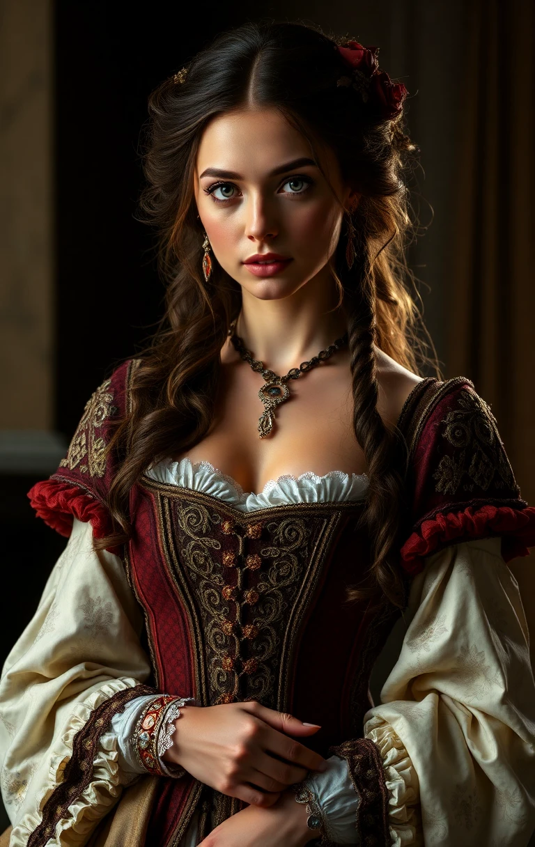 A regal woman in Renaissance attire with intricate details and a soft, dramatic light