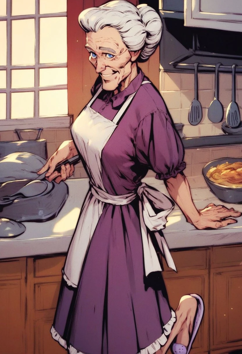 score_9_up, score_8_up, score_7_up, score_6_up, 1girl, solo, Aunt_May, old woman, single hair bun, blue eyes, warm smile, plain purple dress, apron, slippers, standing in a kitchen