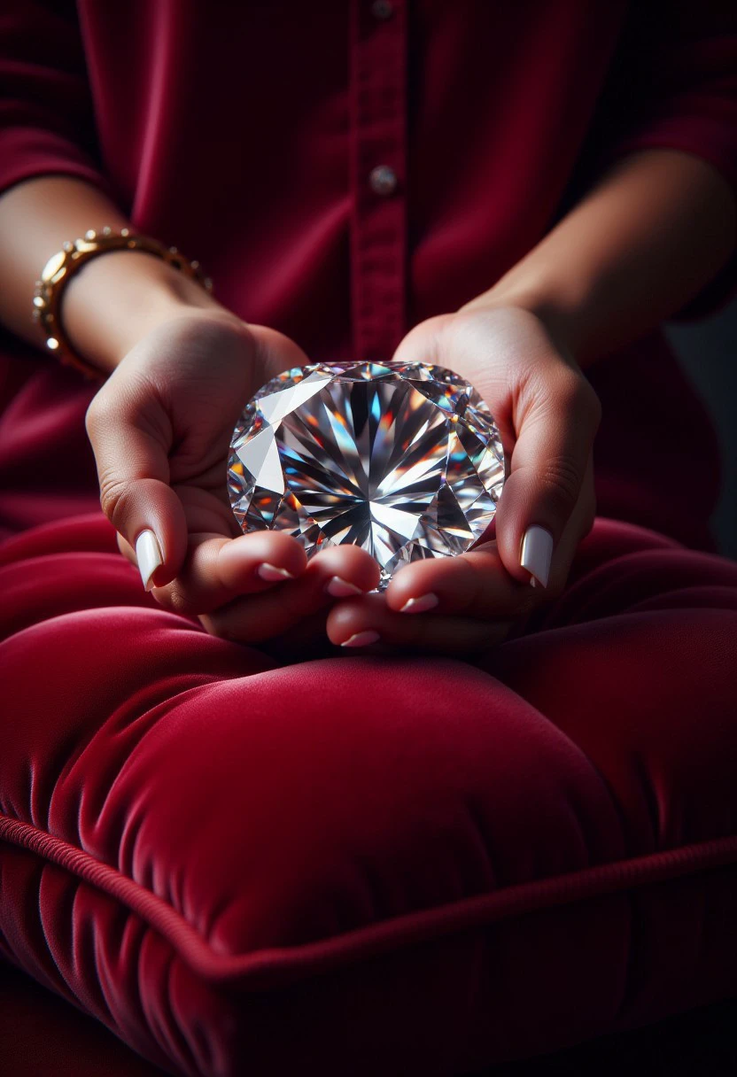 Photorealistic diamond on a red pillow being held by a beautiful woman