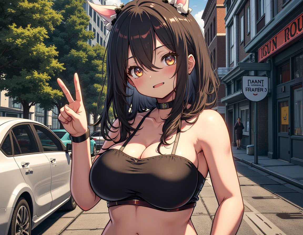 1girl,
peace sign,
tube top,
navel,
street,