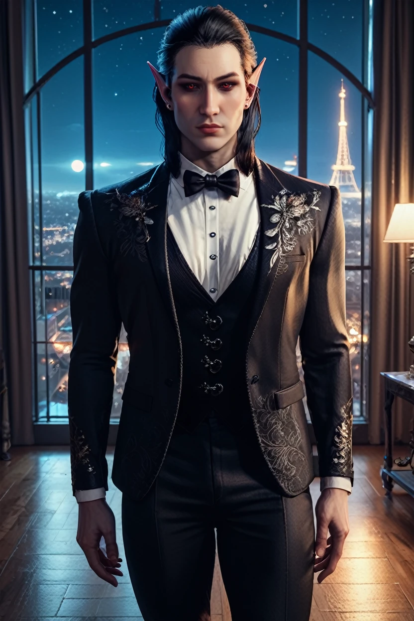 score_9, score_8_up, score_7_up, score_6_up
<lora:BGCazador:1.0>
BGCazador, 1boy, black hair, red eyes, pointy ears, looking at viewer, in a modern high-rise apartment, wearing a sleek tuxedo, overlooking a bustling city at night, floor-to-ceiling windows, high contrast lighting, elegant and refined