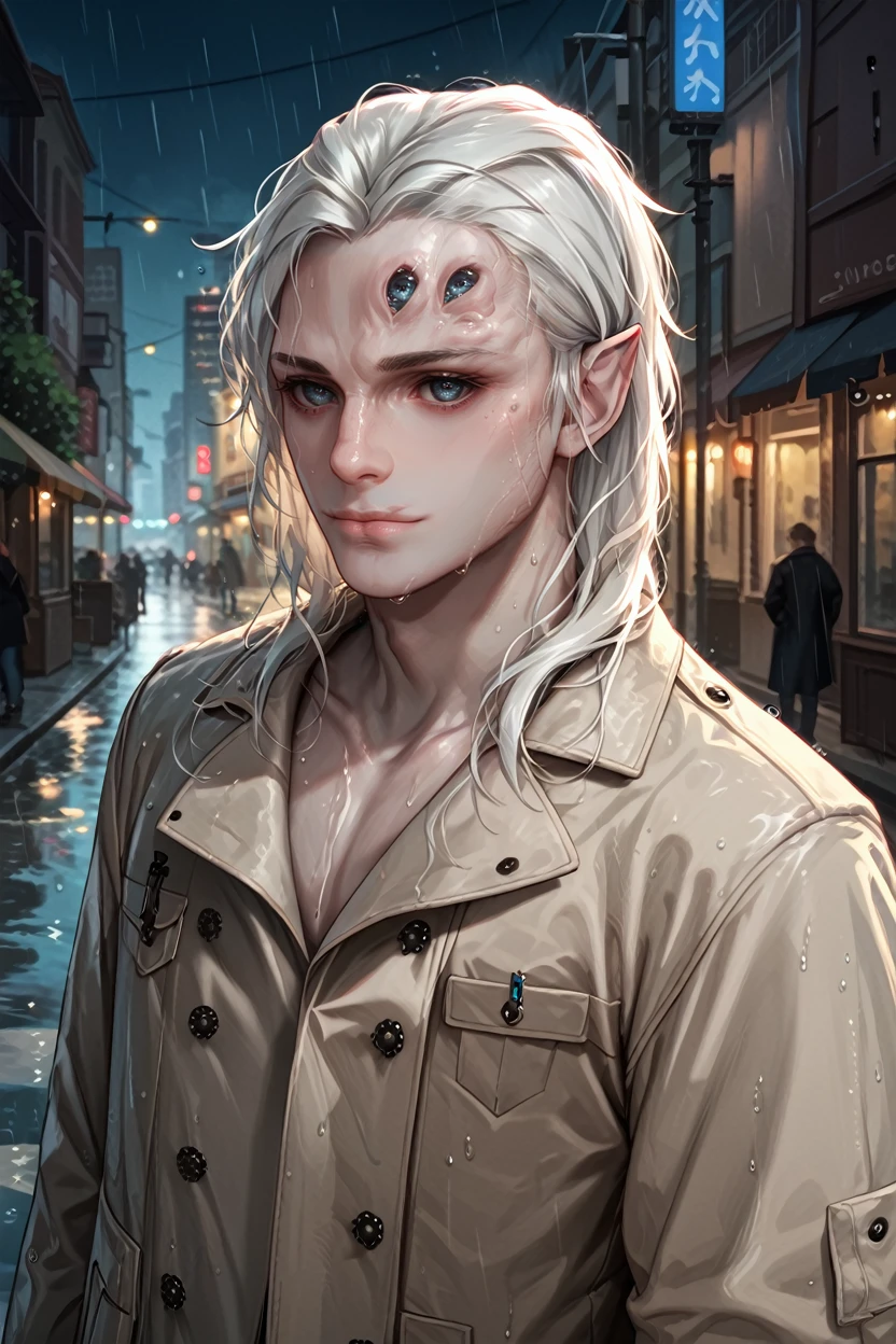score_9, score_8_up, score_7_up, score_6_up
<lora:BGKarniss:1.0>
BGKarniss, 1boy, white hair, extra eyes, grey skin, looking at viewer, standing in a rain-soaked street at night, wearing a trench coat, water droplets glistening, moody and cinematic, city lights reflecting in puddles