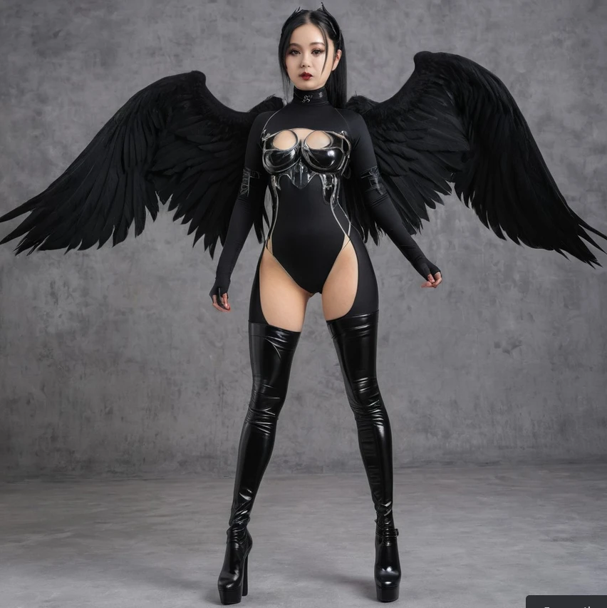 1fullbodyimage of woman in a black linger suit with wings posing for a picture, 20 - year - old goth girl, dark goth queen, goth girl, very beautiful goth top model, pale goth beauty, wearing a black bodysuit, gothic horror vibes, with black flowing pigtails, goth woman, skintight black bodysuit, absurdres, high res, ultrasharp, 8K, masterpiece, Beautiful round breasts, Solo, delicate and sexy, shiny reflective flowing black hair, Glossy albino skin: 0.8, (Masterpiece: 1.4), (Best quality: 1.4), Perfect abs, (Perspectiveal), ultra realistic Japanese face features, Tight waist, Inner seam, hourglass body shape, navel, Blush, Voluptuous, huge breasts, tight top, cinematic volumetric lighting

Negative prompt