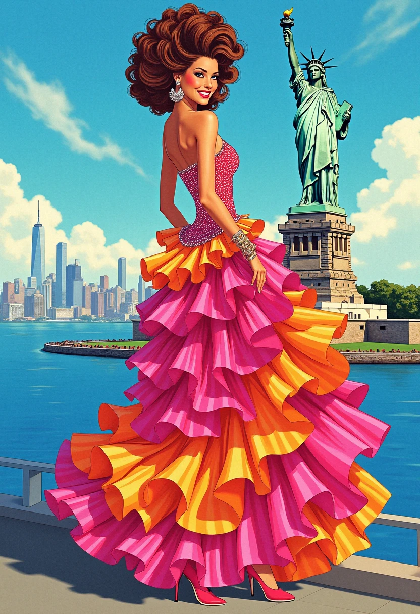 hud_millirob, in a colorful 2d 1980s retro artstyle, a woman smiling, wearing a fancy multicolored elaborate ballgown, high heels, she has brown curly bouffant hair, pretty makeup and eyeliner. She is standing on Long Island in New York, looking at the viewer. She is posing in various model poses. the statue of liberty is also visible