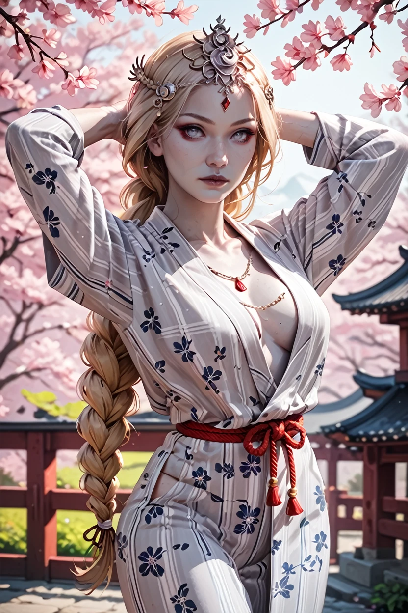 score_9, score_8_up, score_7_up, score_6_up
<lora:BGOrin:1.0>
BGOrin, 1girl, blonde hair, white eyes, grey skin, braid, long hair, looking at viewer, Arms crossed behind head, yukata, japan, cherry blossoms, hair ornament