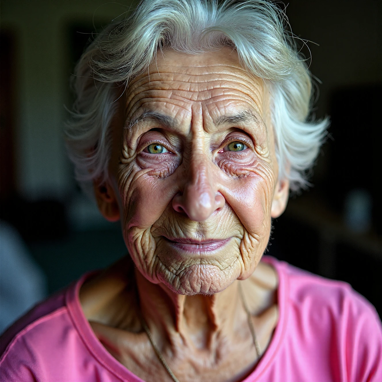 RAW photo, a candid full body portrait of a beautiful 70 year old woman, wrinkled face, (pink summer dress), 8k uhd, dslr, soft lighting, high quality, film grain, Fujifilm XT3
small chin, (no freckles:0.5), (no cleft chin:1.5), perfect eyes, glowing irises, ((even eyes)), ((even pupils)), round iris, detailed pupils, light reflections, visible cornea, blood vessels, (wet skin:1.1), (sweat:1.1), white winter skin, wax skin, marble skin, pale skin, clear skin, [[skin blemishes]], skin pores, blush, flushed cheeks, [[[[[moles]]]]], wrinkles, [[[[vitiligo spots]]]], [[whiteheads]], [[[blackheads]]], [pimples], perfect hands, shiny bright eyes, centered pupils, blood vessels in sclera, detailed skin, [[oiled shiny skin]], beauty spots, skin fuzz, shine from within, hands off face, moles, nipples, not asian  <lora:FLUX_polyhedron_all_1300:1>