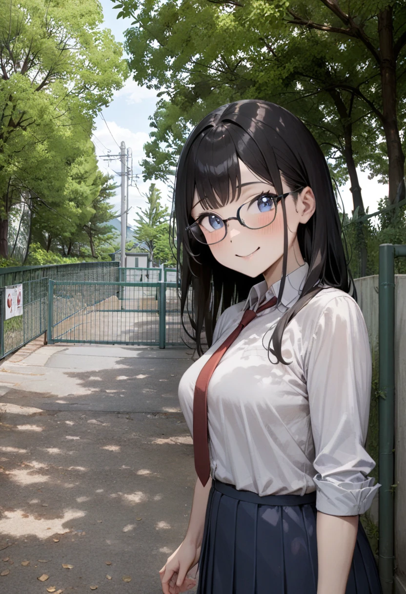 masterpiece, best quality, very aesthetic, absurdres,
1girl, solo, glasses, black hair, long hair, blue eyes, collared shirt, red necktie, pleated skirt, blue skirt, looking at viewer, blush, smile, happy, 
school gate, scenery, tree, outdoors, fence, day, building, power lines, real world location, sky
<lora:schoolgate_SDXL_V1:1>