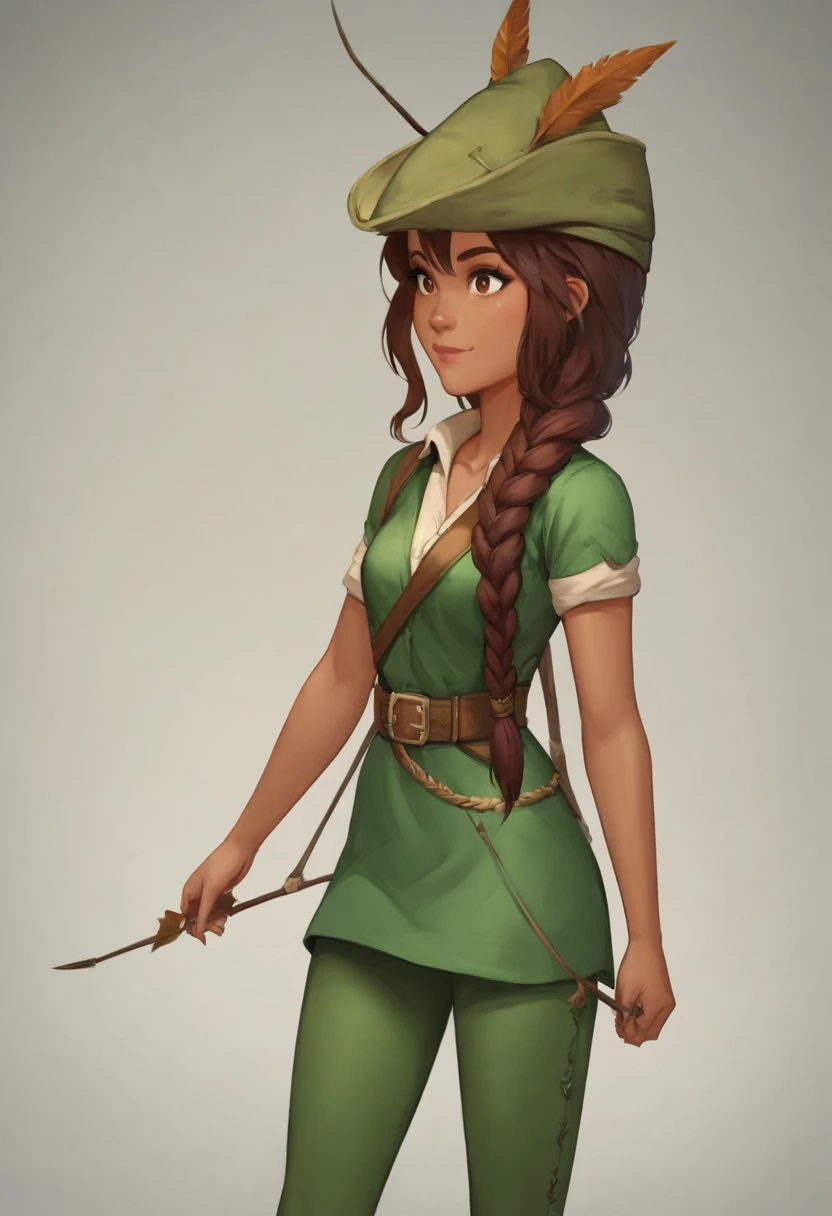 score_9, score_8_up, score_7_up, 1girl, solo, carol_of_the_arrow, brown hair, brown eyes, dark skin, braid, long hair, belt, hat, green tunic, green tights, posing, light smile, simple background