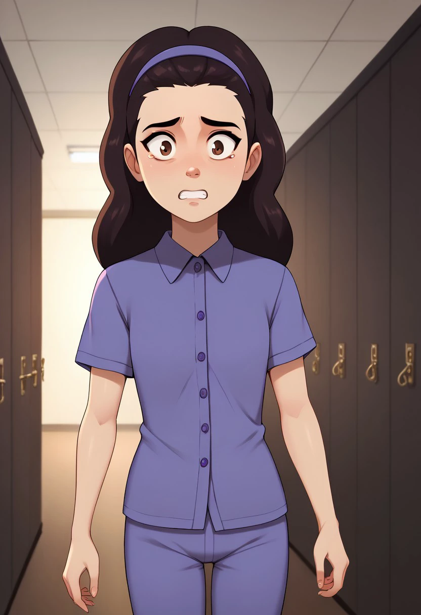 score_9, score_8_up, score_7_up, high quality, highres, MHPHEsther, 1girl, dark brown hair, long hair, brown eyes, purple headband, purple shirt, collared shirt, purple pants, short sleeves, pajamas, solo, indoors, hallway, young, Scared, dark room,