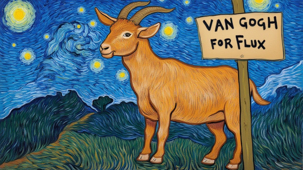 A goat which has a sign attached with the words written "VAN GOGH -For Flux" starry night inpasto painting