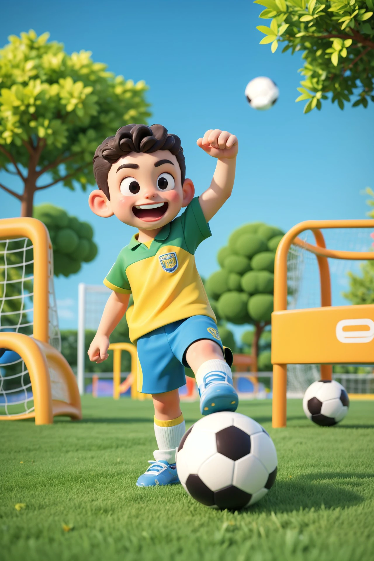 "3D style, Q version cute scene of a boy energetically playing soccer on a clean, green school playground. The boy is kicking a bright, colorful soccer ball, with a joyful and determined expression. The background features a simple soccer goal, a few trees, and a clear blue sky, highlighting the fun and active atmosphere of the playground."